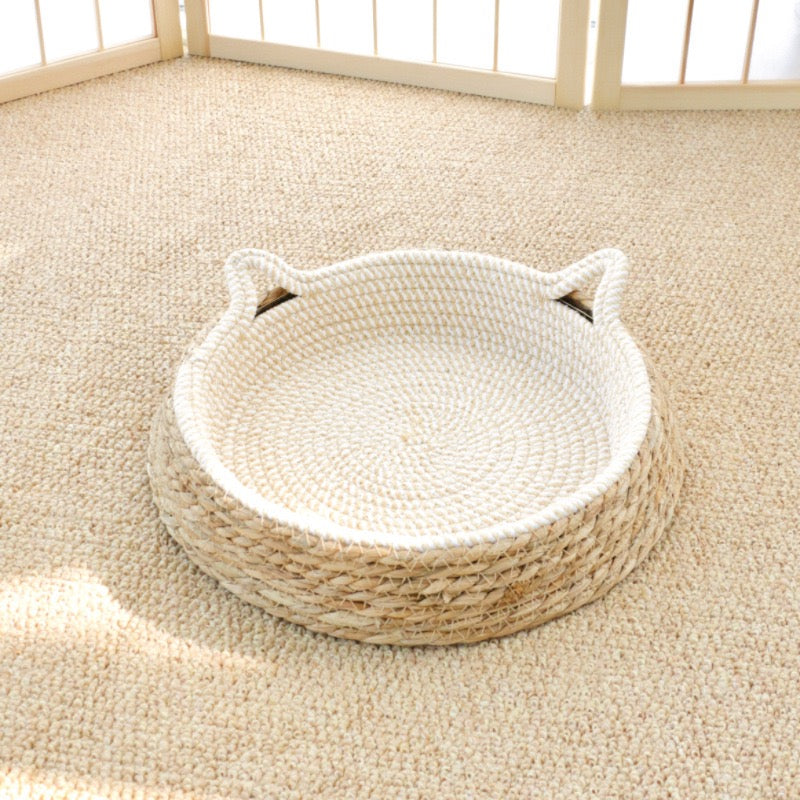 Woven Rattan Cat Bed, Chew-Resistant Scratcher Bed, All-Season Pet Nest